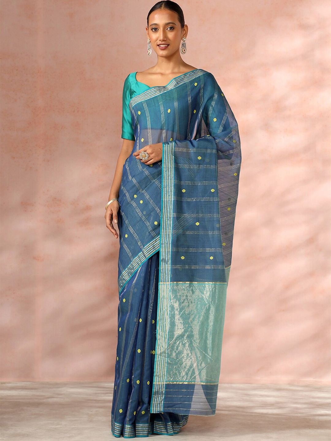 

Taneira Geometric Woven Design Zari Silk Cotton Chanderi Saree, Blue