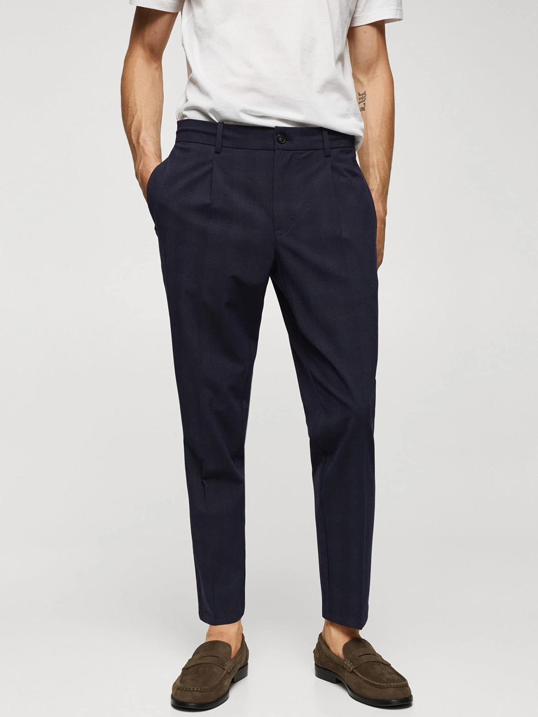 

MANGO MAN Checked Slim Fit Trousers, Navy blue