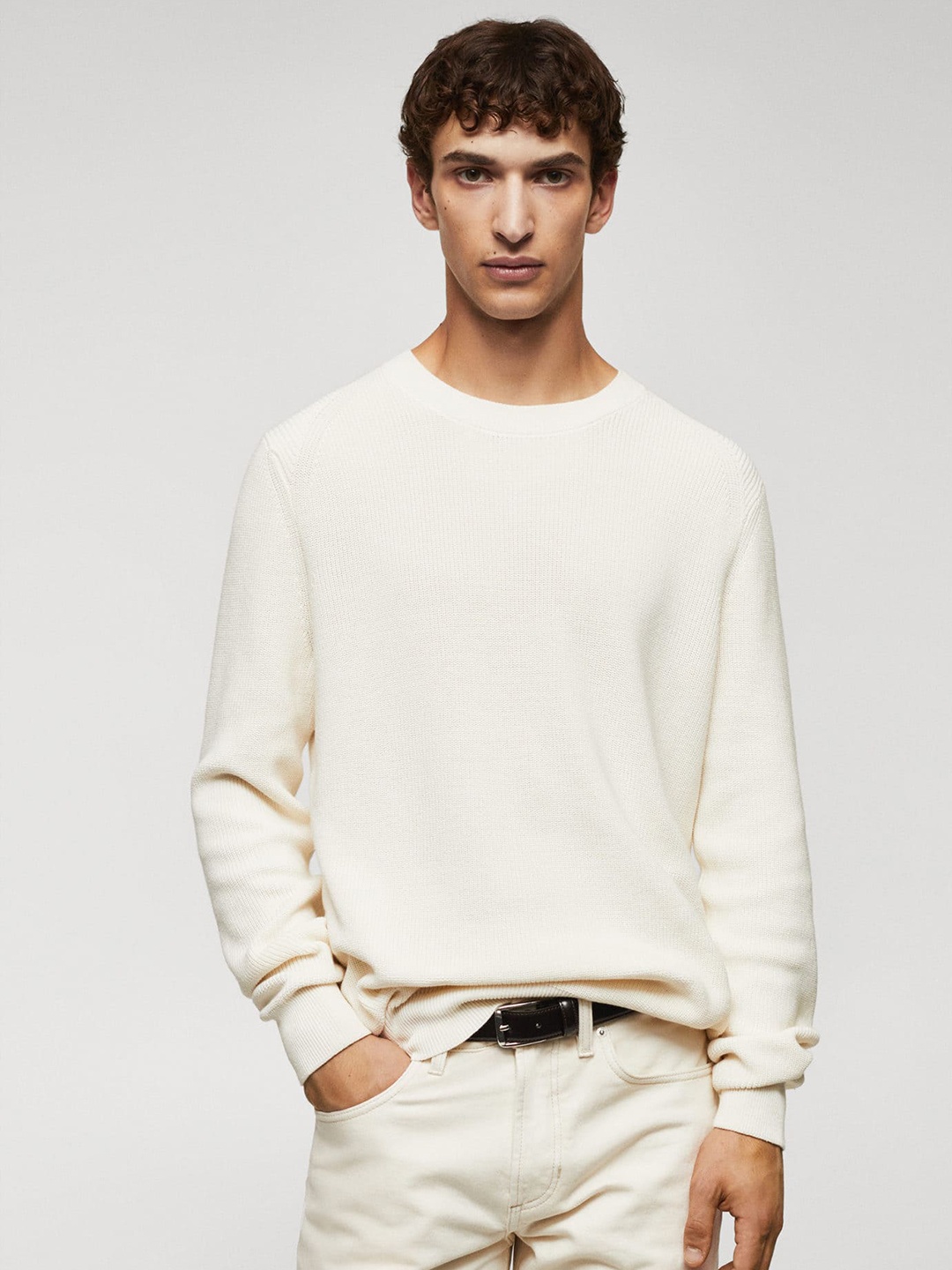 

MANGO MAN Solid Pullover, Off white