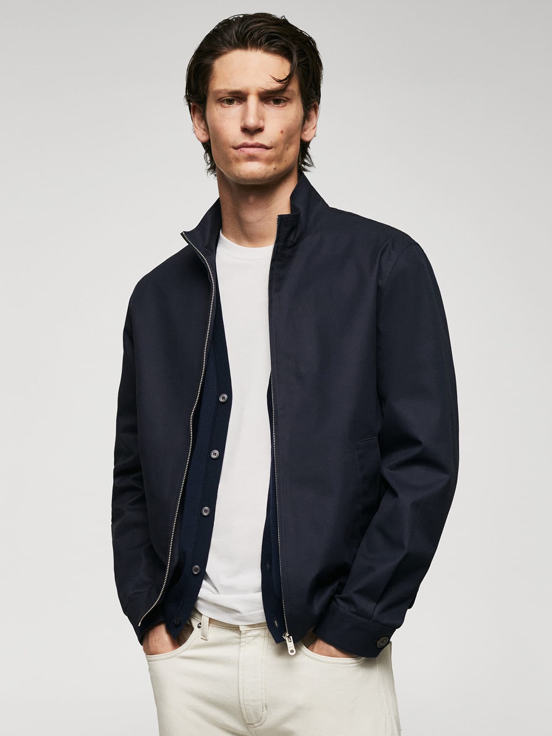 

MANGO MAN Pure Cotton Bomber Jacket, Navy blue