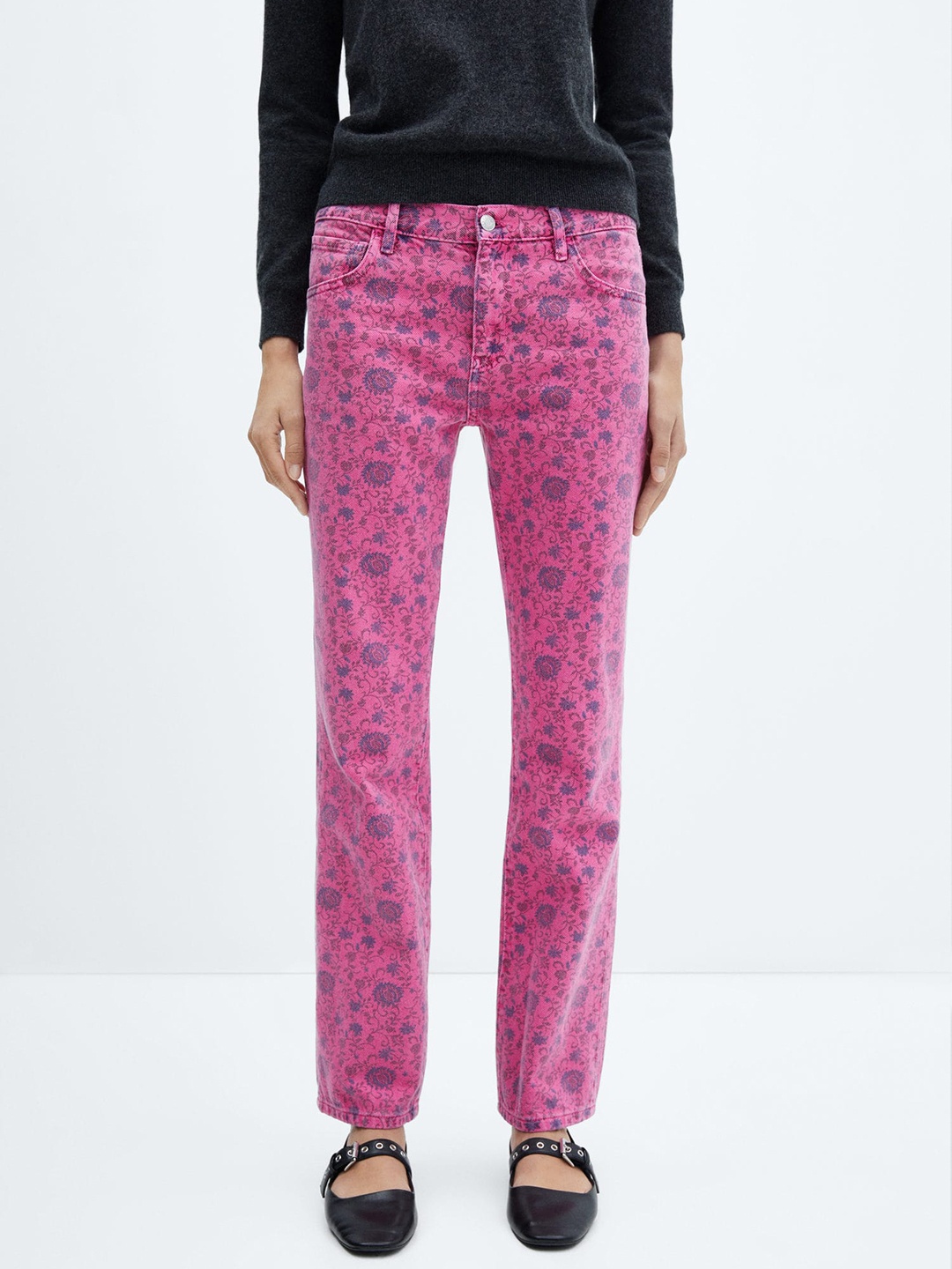 

MANGO Women Straight Fit High-Rise Floral Printed Jeans, Fuchsia