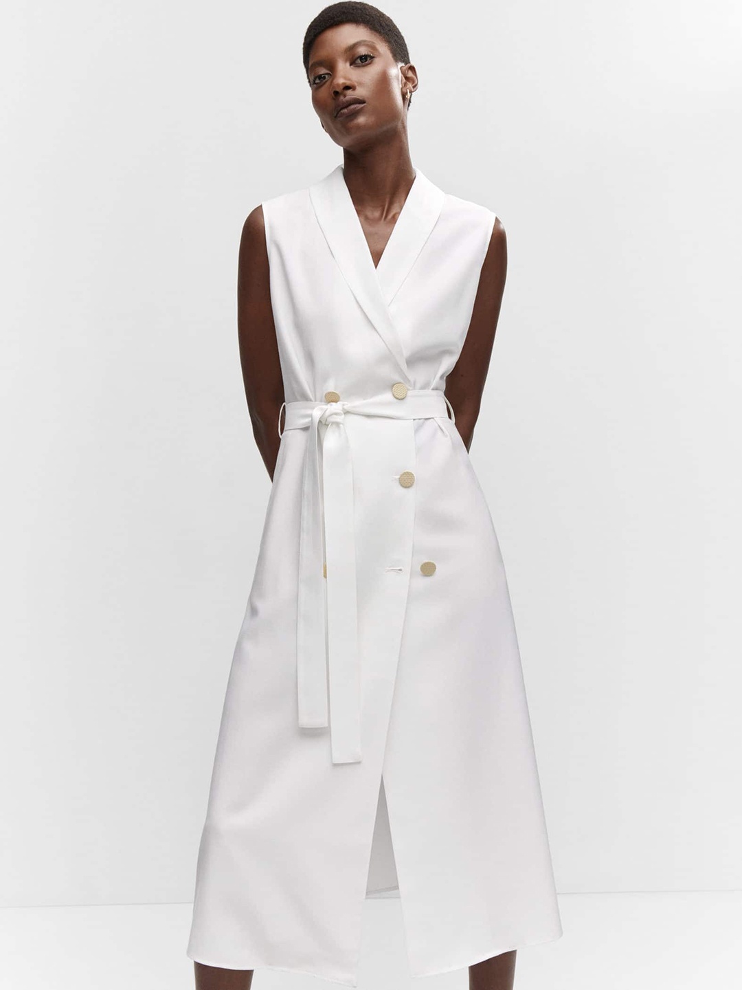 

MANGO Sleeveless Shawl Collar Midi Dress, White