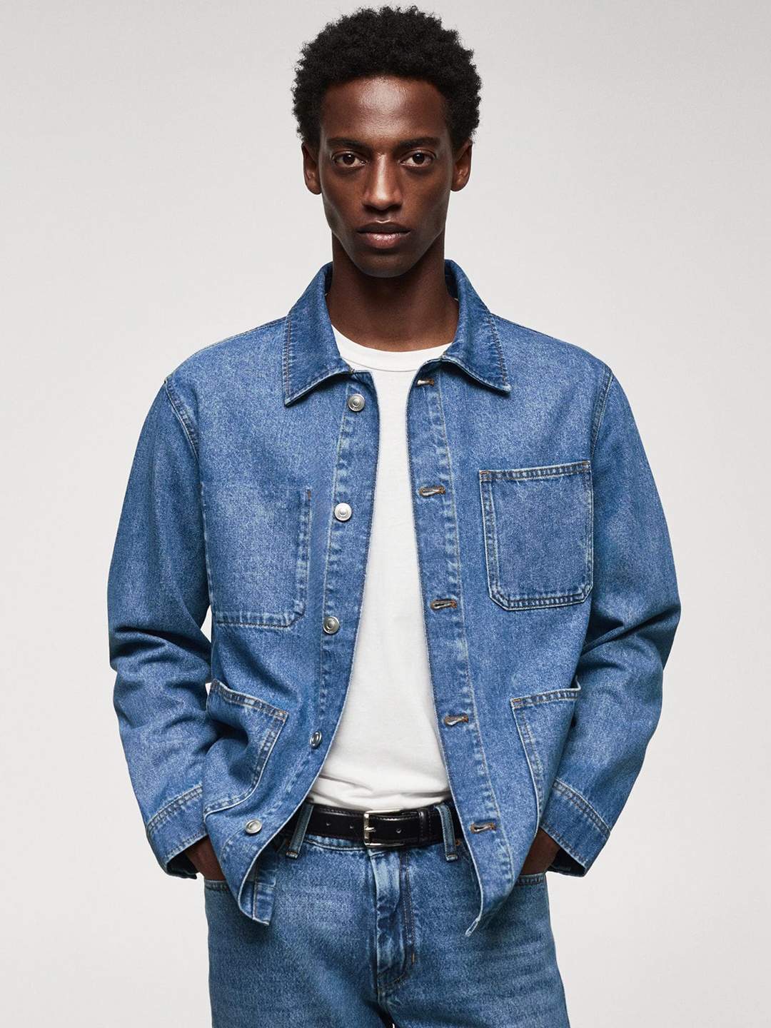 

MANGO MAN Pure Cotton Solid Denim Shacket, Blue
