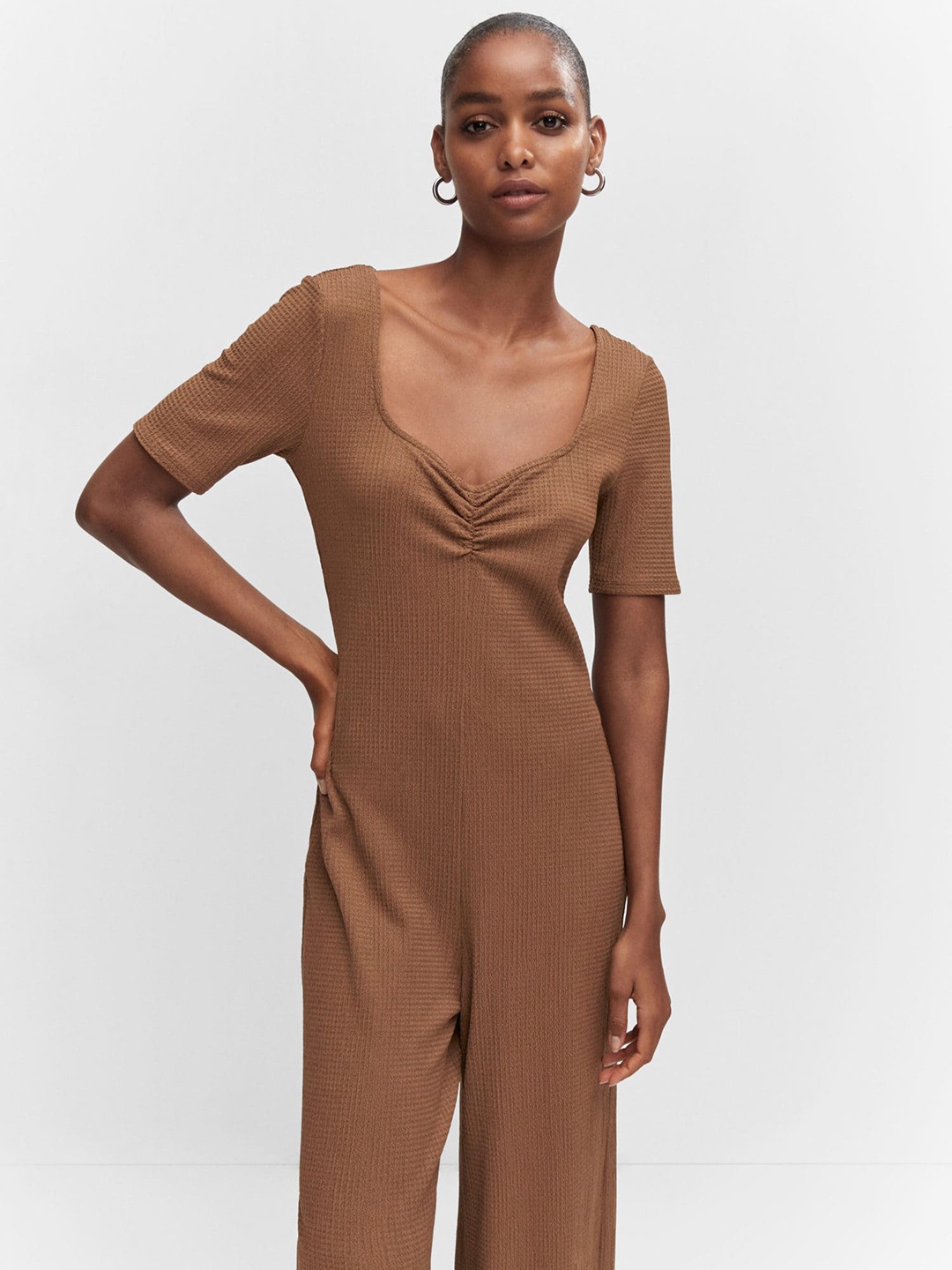

MANGO Textured Sweetheart Basic Jumpsuit, Brown