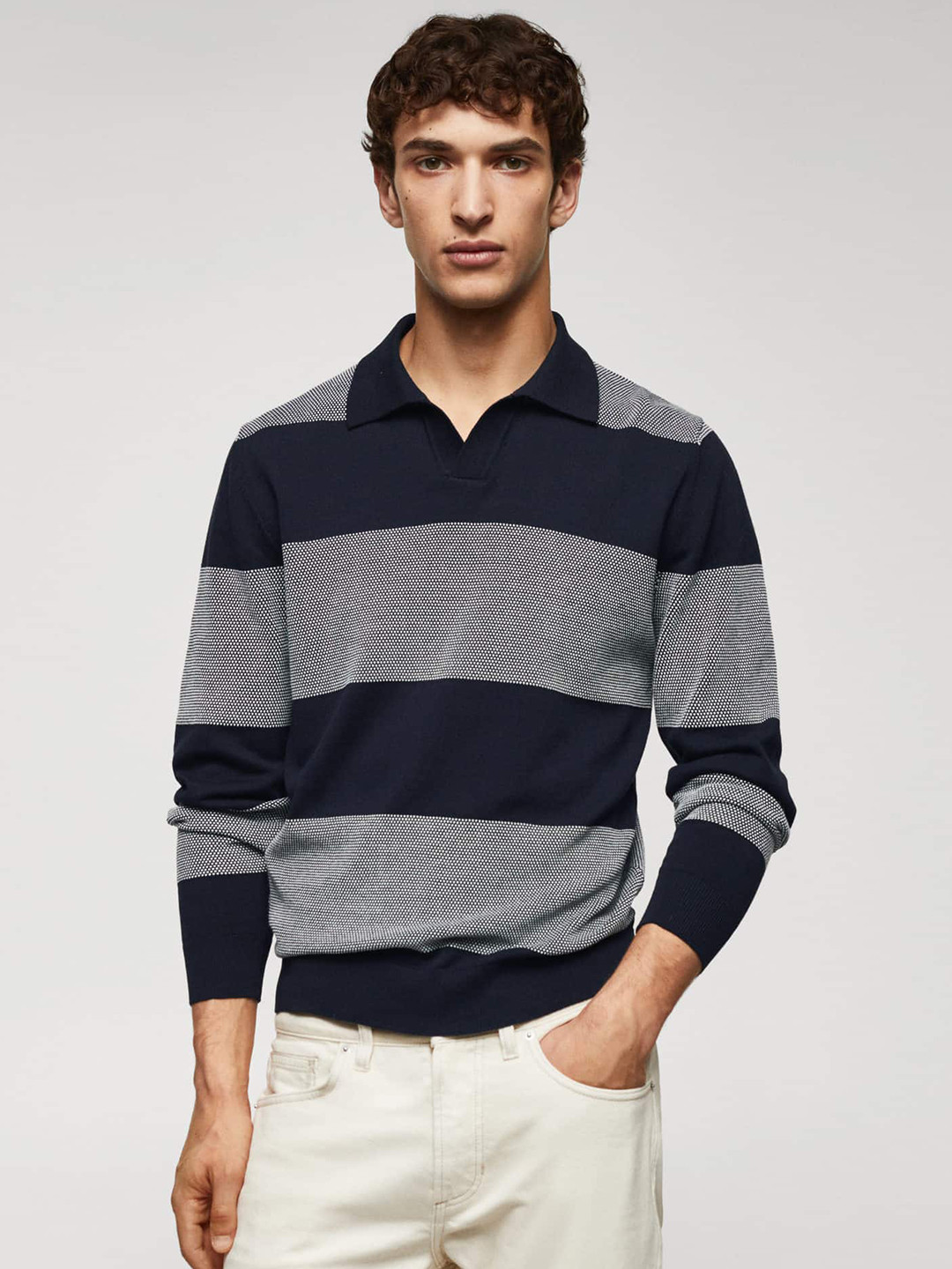 

MANGO MAN Striped Fine-Knit Polo Collar T-shirt, Navy blue