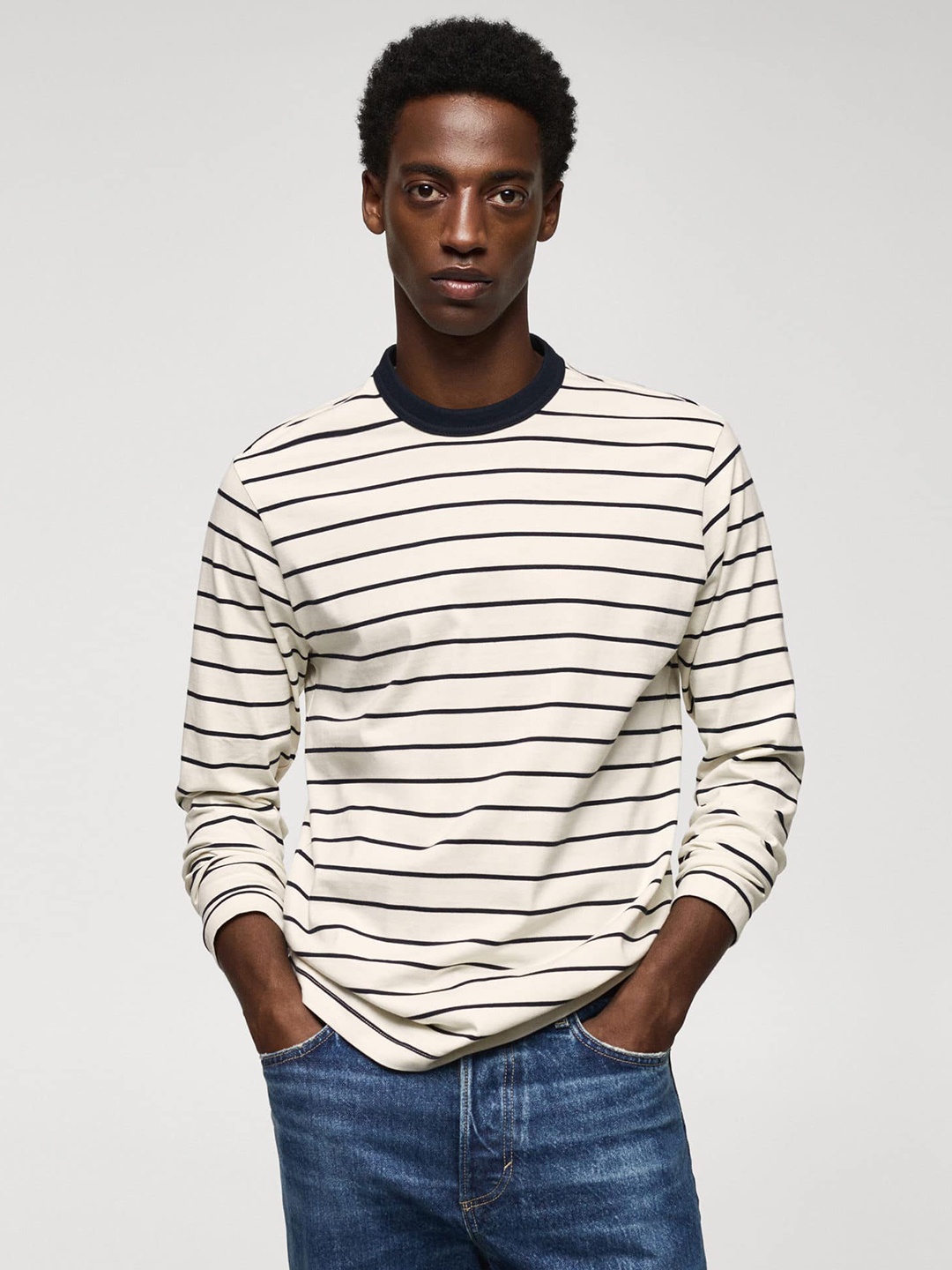 

MANGO MAN Striped Long Sleeve Pure Cotton T-shirt, White