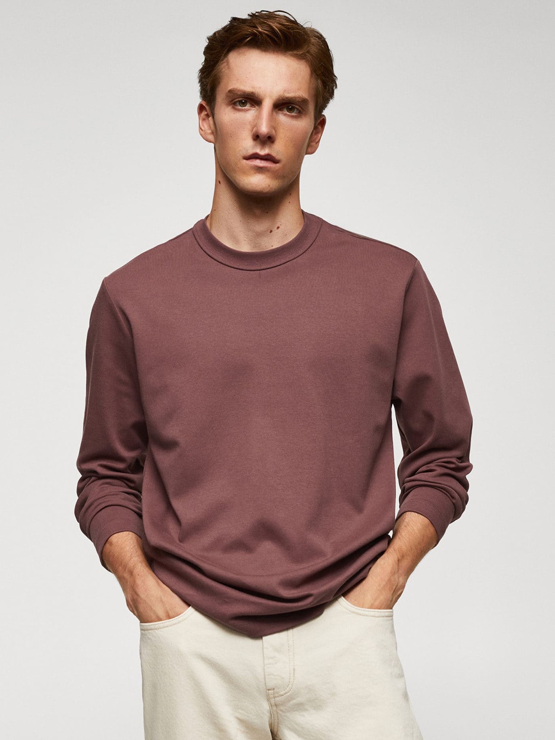 

MANGO MAN Long Sleeve Pure Cotton T-shirt, Mauve