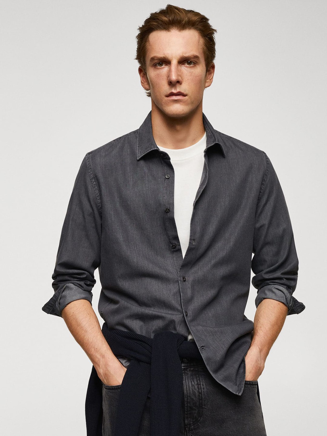 

MANGO MAN Pure Cotton Chambray Casual Shirt, Charcoal