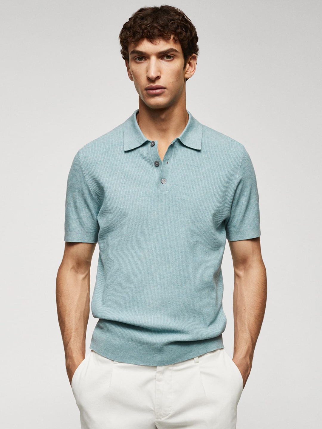 

MANGO MAN Ribbed Polo Collar Knit T-shirt, Blue