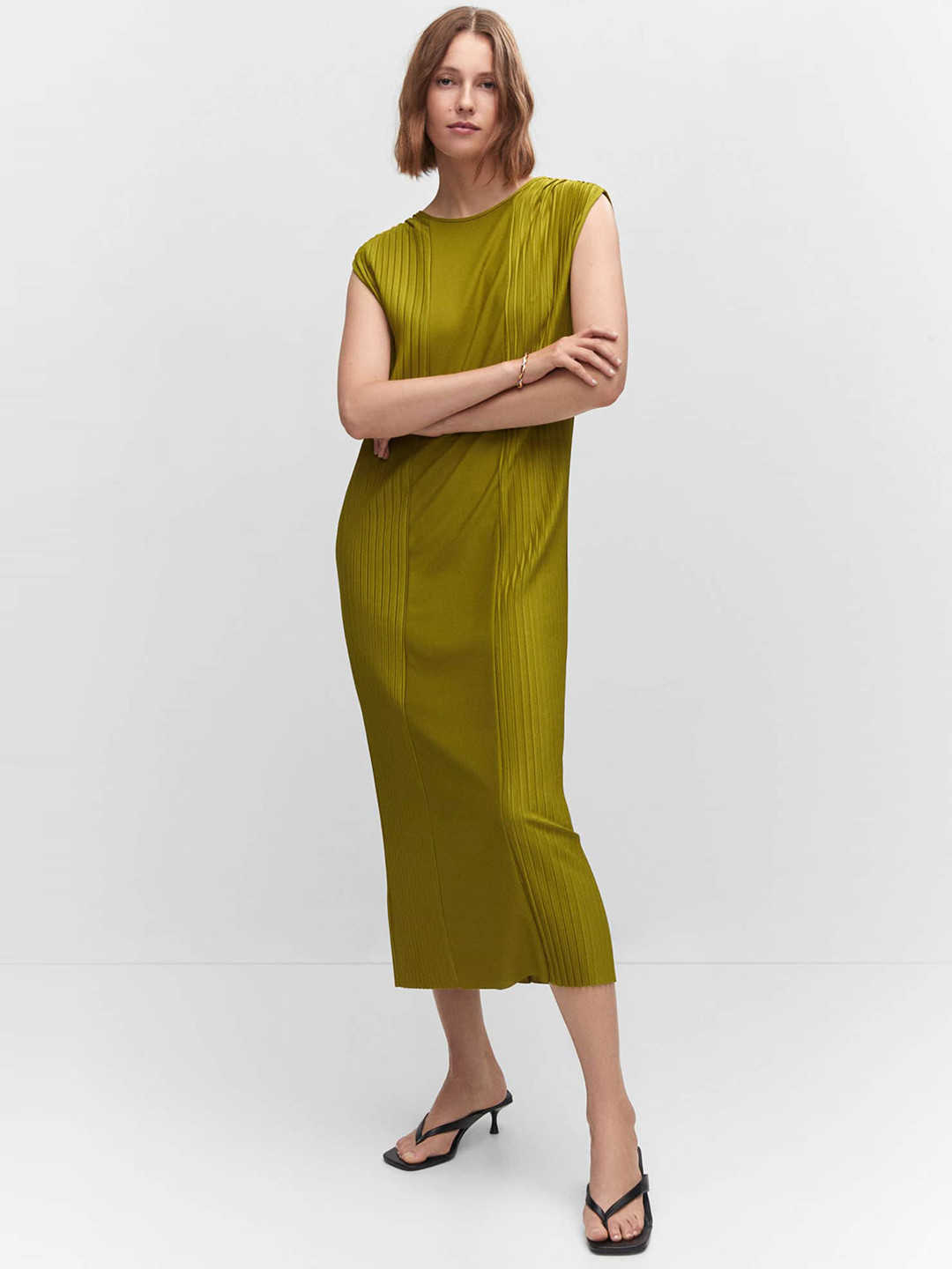 

MANGO Pleated Sheath Midi Dress, Olive