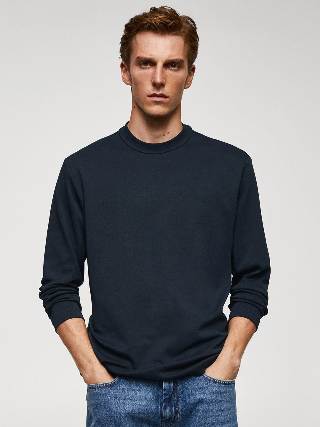 

MANGO MAN Long Sleeve Pure Cotton T-shirt, Navy blue