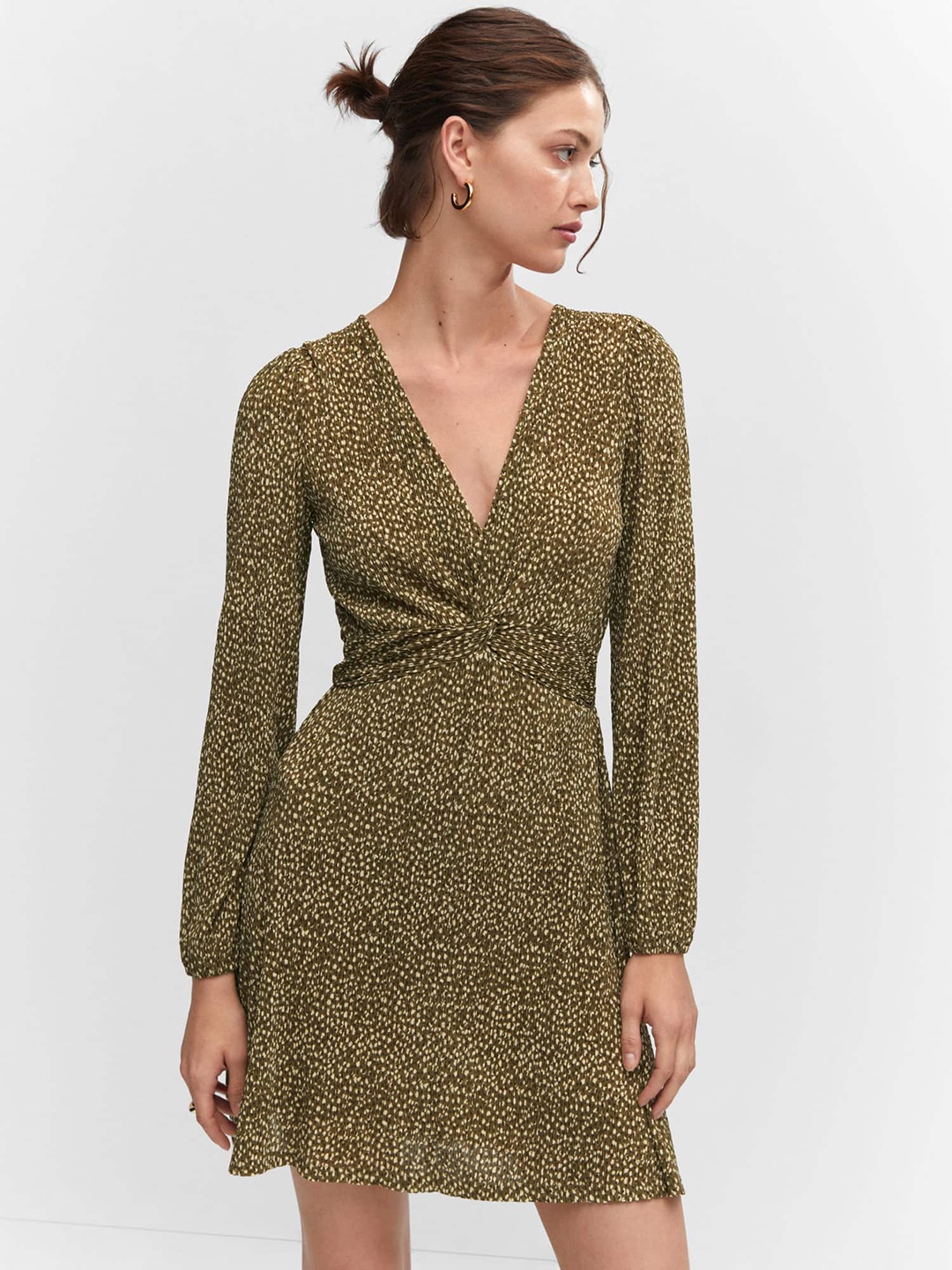 

MANGO Front Knot Printed A-Line Mini Dress, Olive