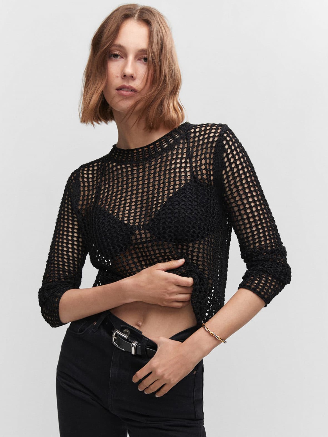 

MANGO Women Open Knit Pullover, Black