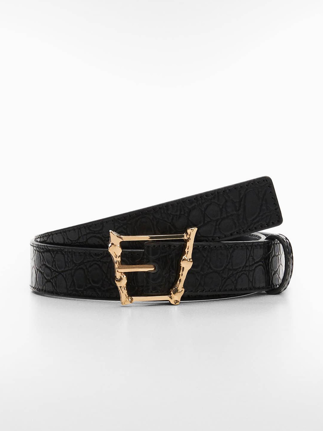 

MANGO Women Metallic Embossed Croc Textured Belt, Black