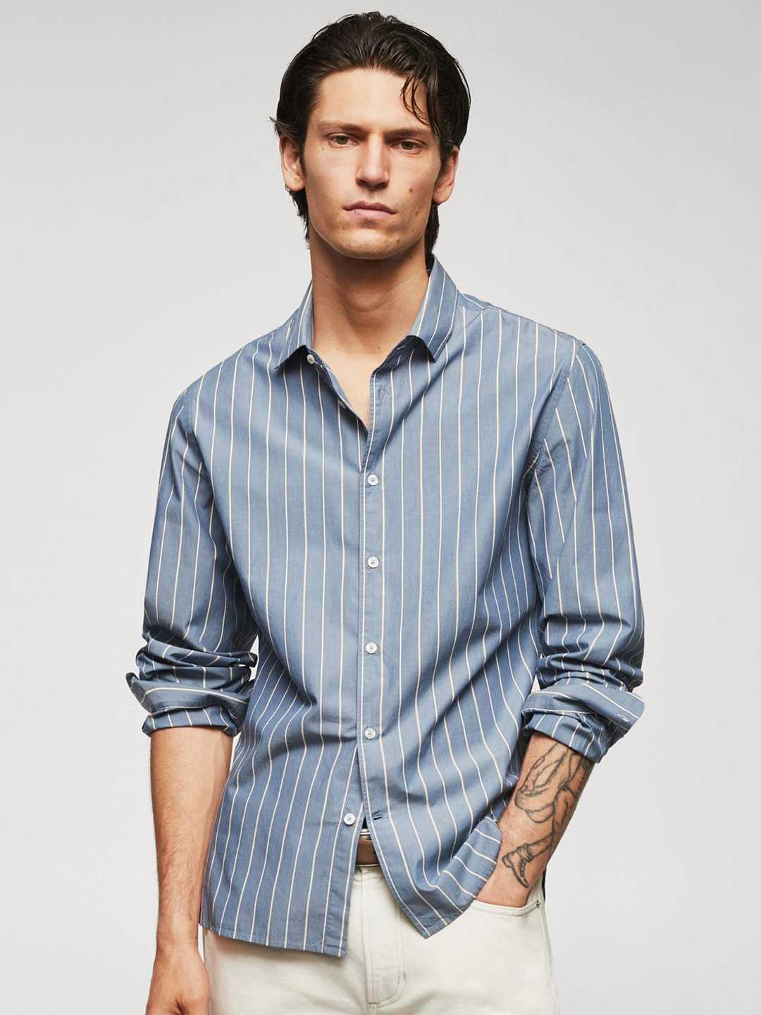 

MANGO MAN Cotton Striped Casual Shirt, Blue