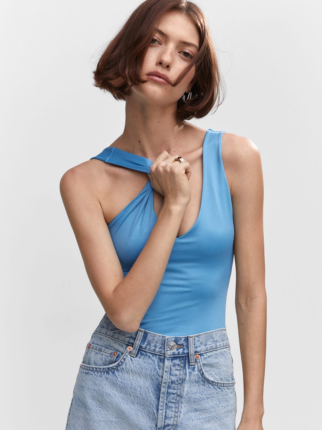 

MANGO Solid Plunge Neckline Bodysuit, Blue