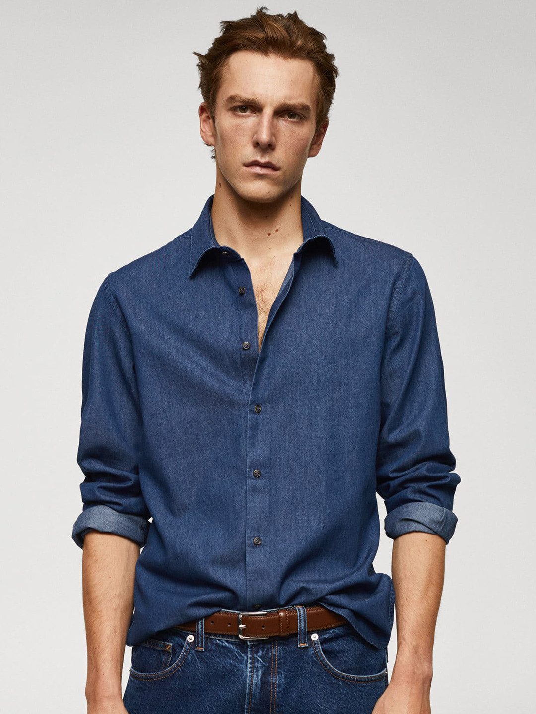 

MANGO MAN Pure Cotton Slim Fit Chambray Casual Shirt, Blue