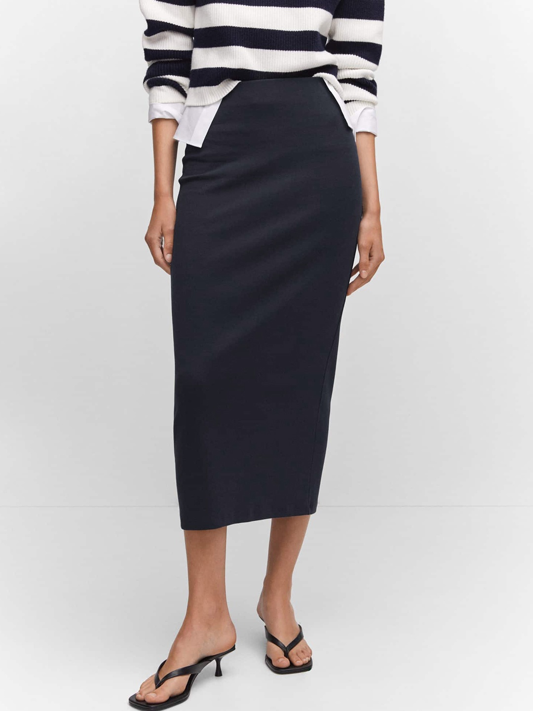 

MANGO Knitted Pencil Midi Skirt, Navy blue