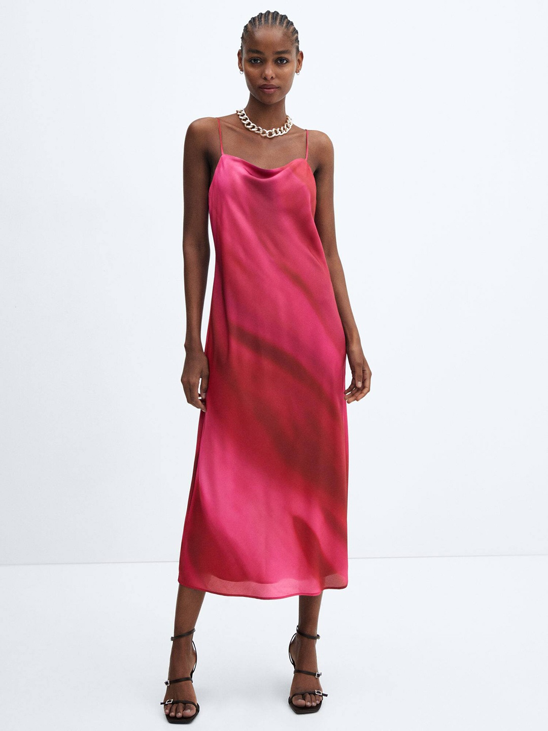 

MANGO Dyed Satin Finish Sheath Midi Dress, Pink