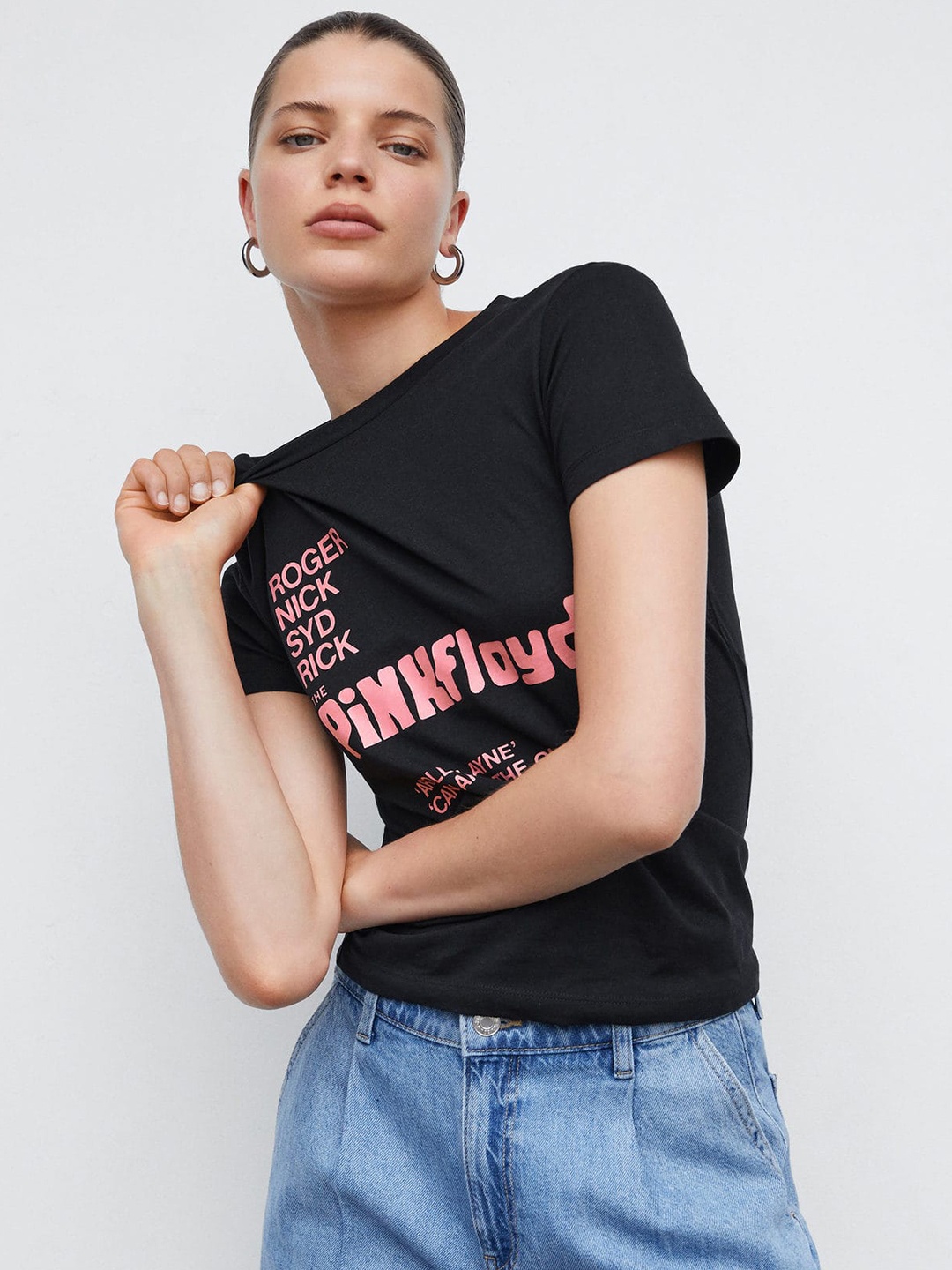 

MANGO Typography Printed Pure Cotton T-shirt, Black