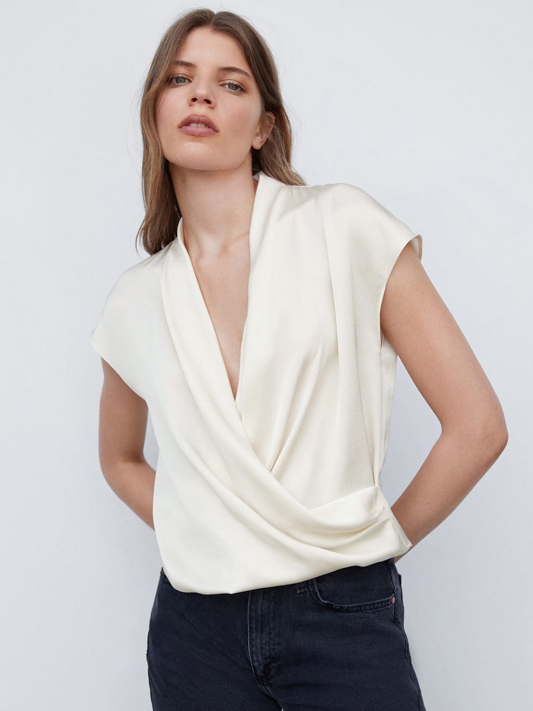 

MANGO Satin Finish Extended Sleeves Wrap Top, White