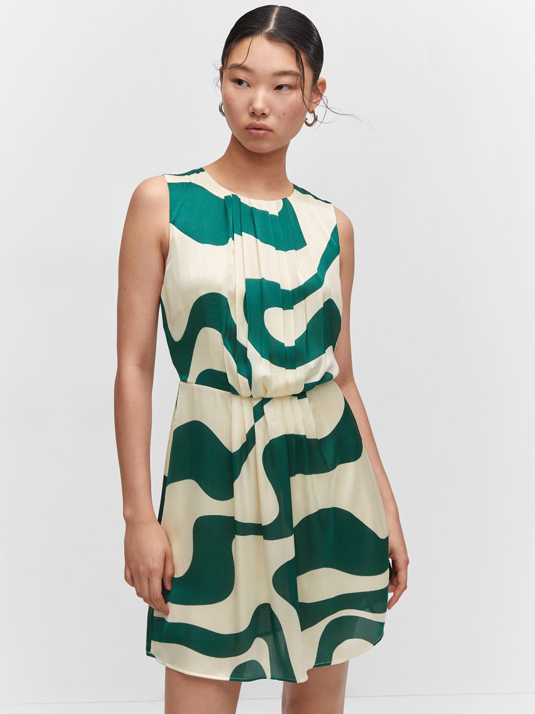 

MANGO Printed Pleated A-Line Dress, Green