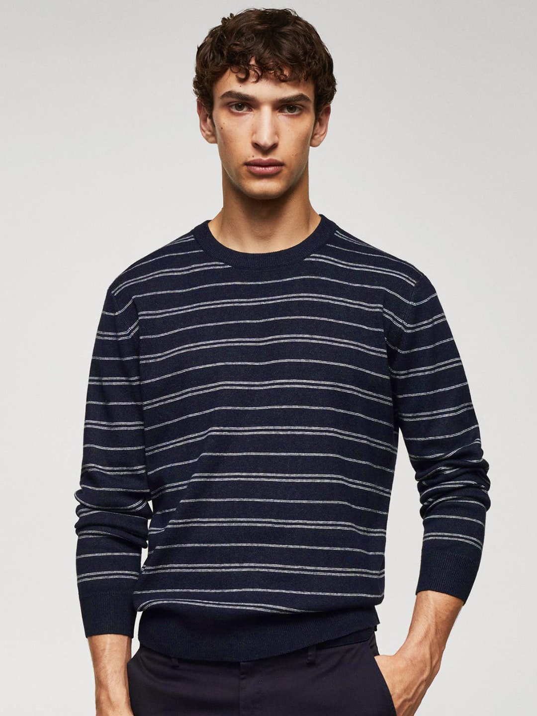 

MANGO MAN Striped Pullover, Navy blue