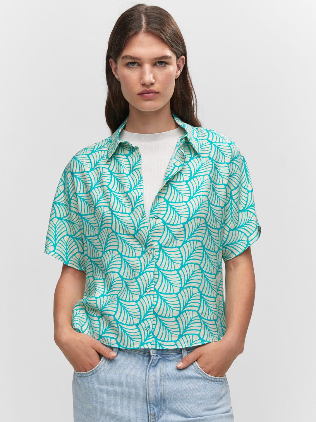 

MANGO Geometric Printed Casual Shirt, Turquoise blue