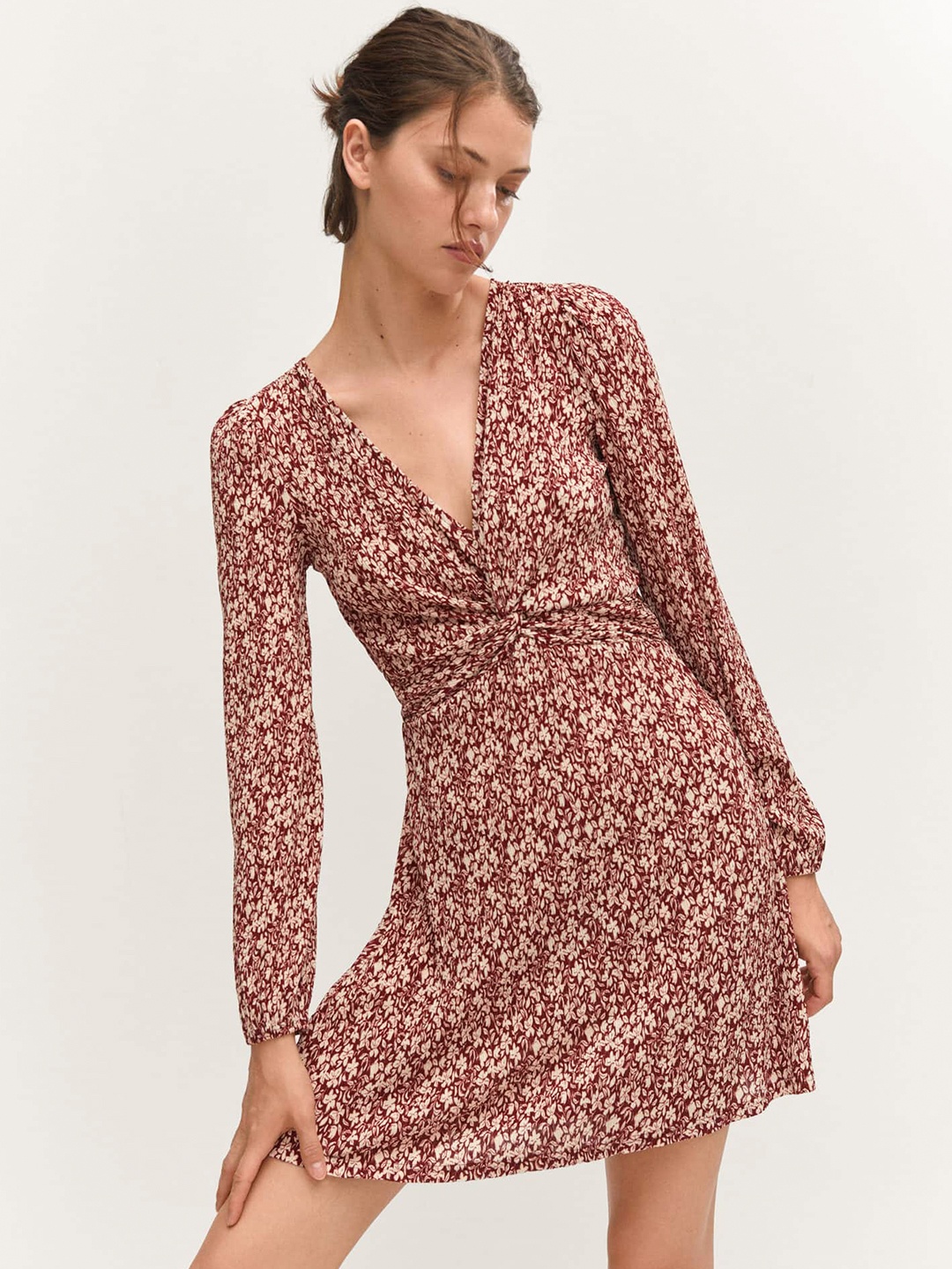 

MANGO Front Knot Floral Print A-Line Mini Dress, Maroon