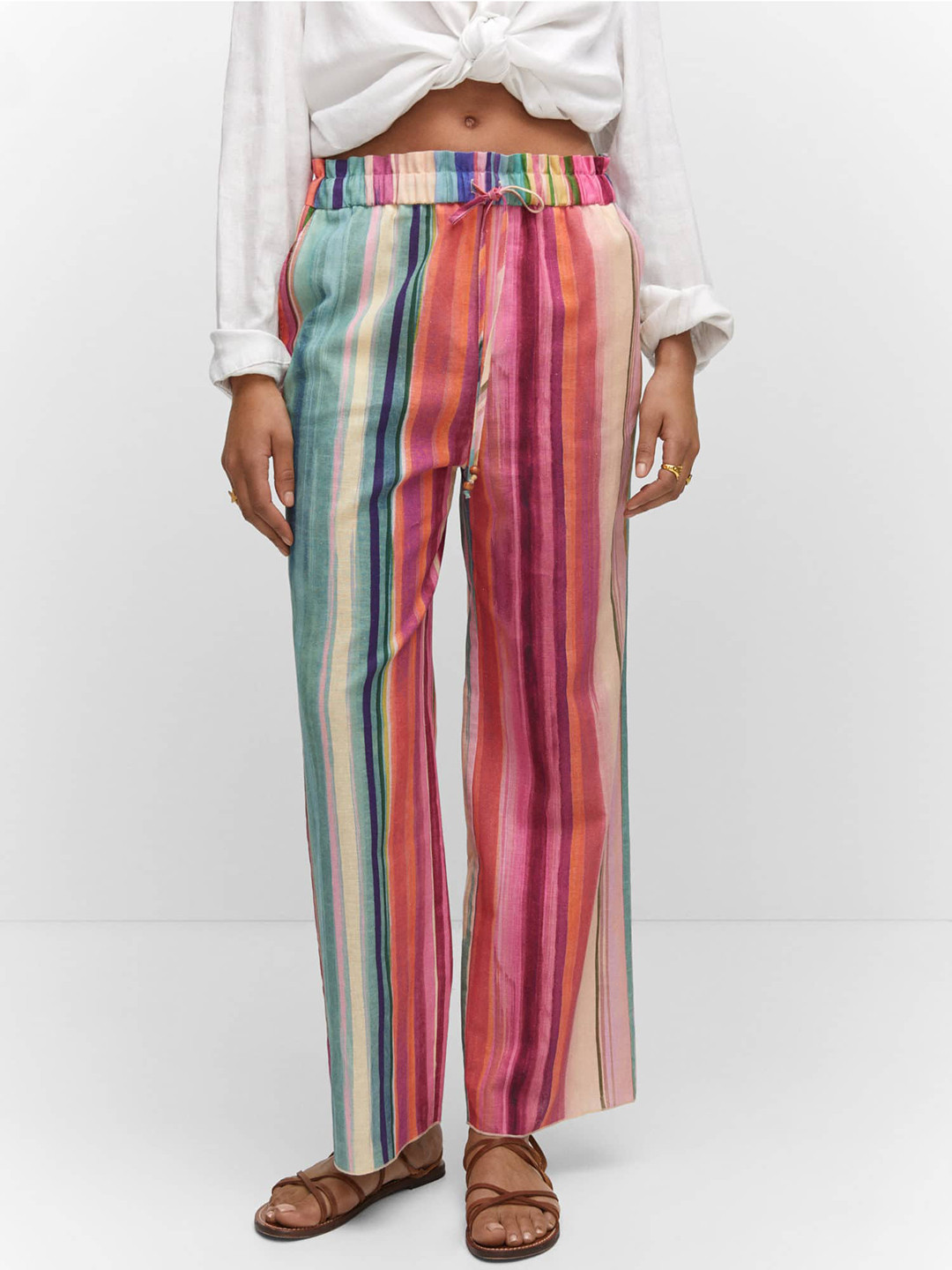 

MANGO Women Linen Cotton Striped Straight Fit Trousers, Multi