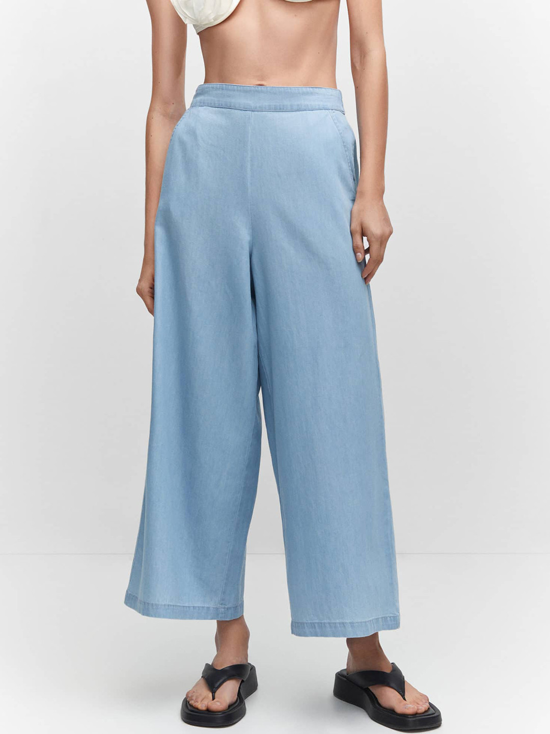 

MANGO Women Pure Cotton Cropped Trousers, Blue