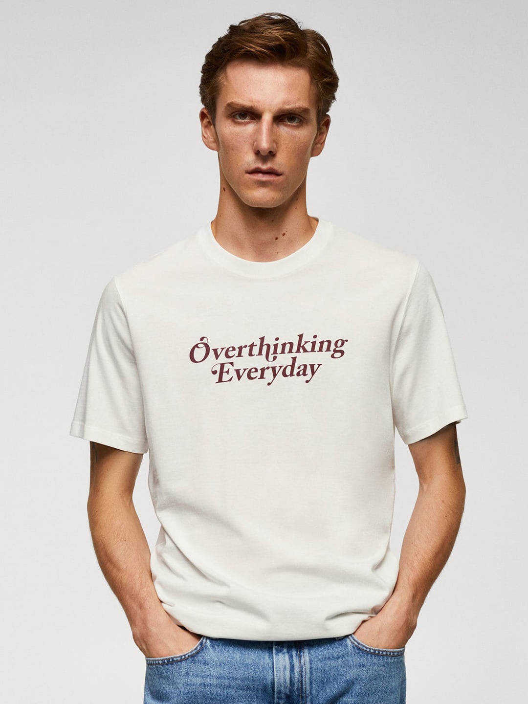 

MANGO MAN Typography Print Pure Cotton Slim Fit T-shirt, White