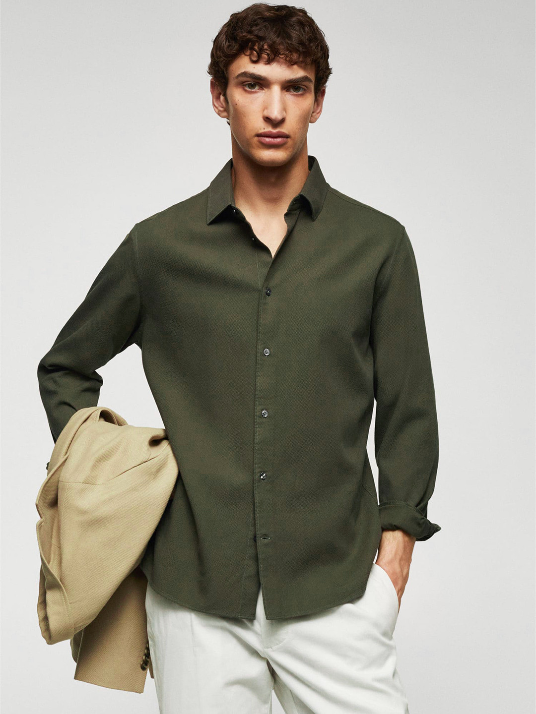 

MANGO MAN Cotton Slim Fit Casual Shirt, Olive