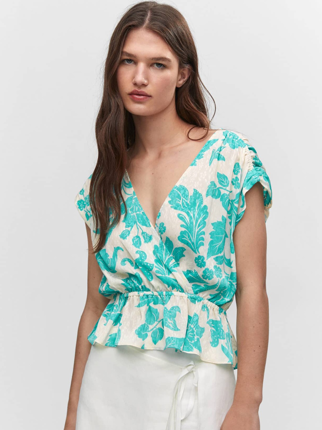 

MANGO Floral Print Wrap Top, Off white