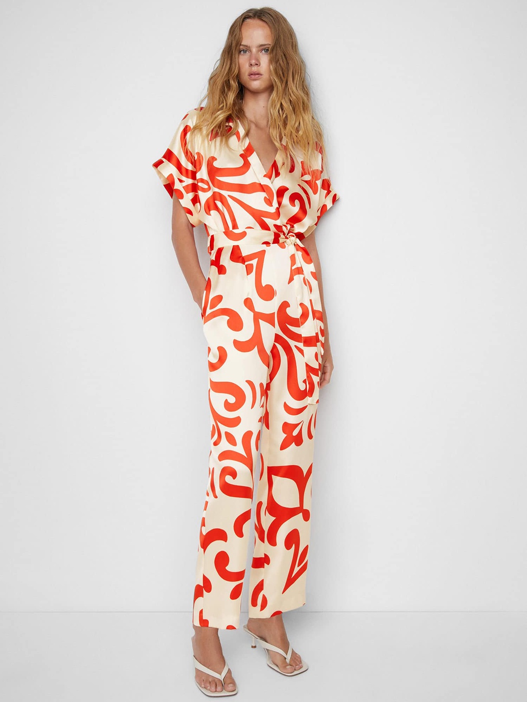 

MANGO Satin Finish Printed Basic Jumpsuit with Belt, White