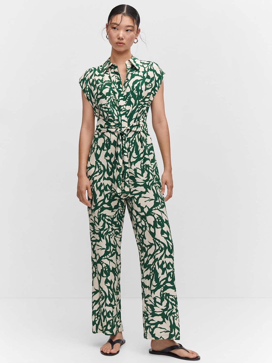 

MANGO Printed Belted Shirt Style Jumpsuit, Green