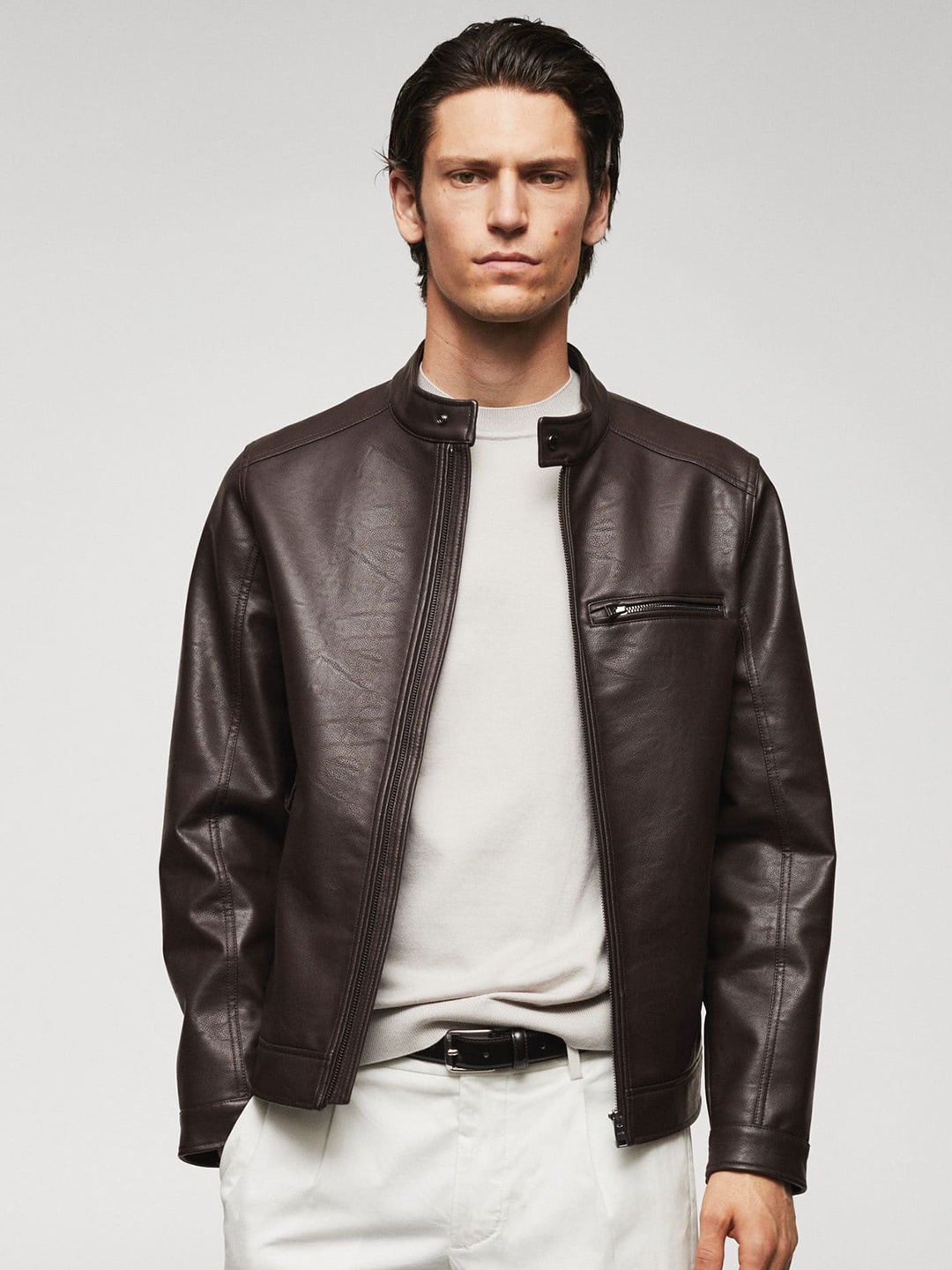 

MANGO MAN Nappa Leather Effect Biker Jacket, Coffee brown