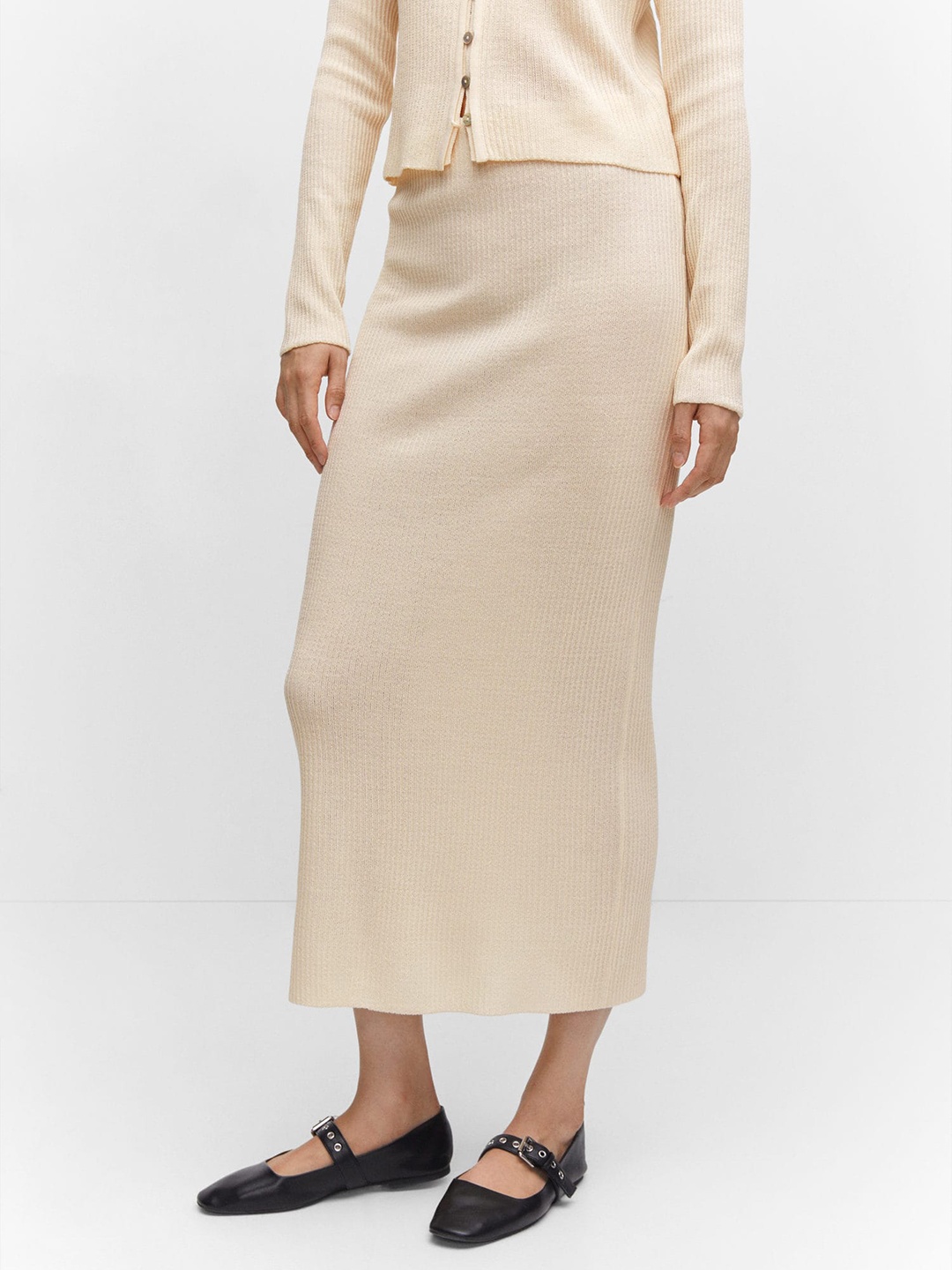 

MANGO Acrylic Ribbed Knitted Midi Straight Skirt, Off white