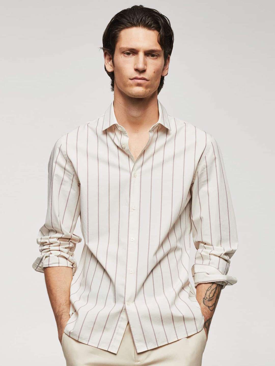 

MANGO MAN Cotton Striped Casual Shirt, Off white