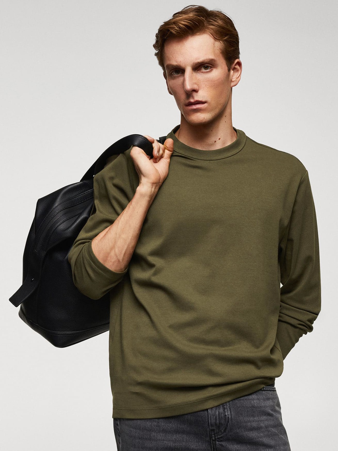 

MANGO MAN Long Sleeve Pure Cotton T-shirt, Olive