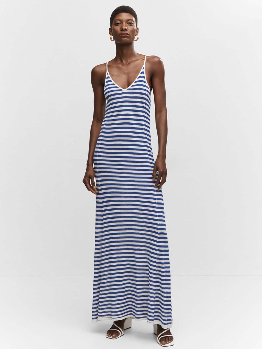 

MANGO Striped Knitted Maxi Dress, White