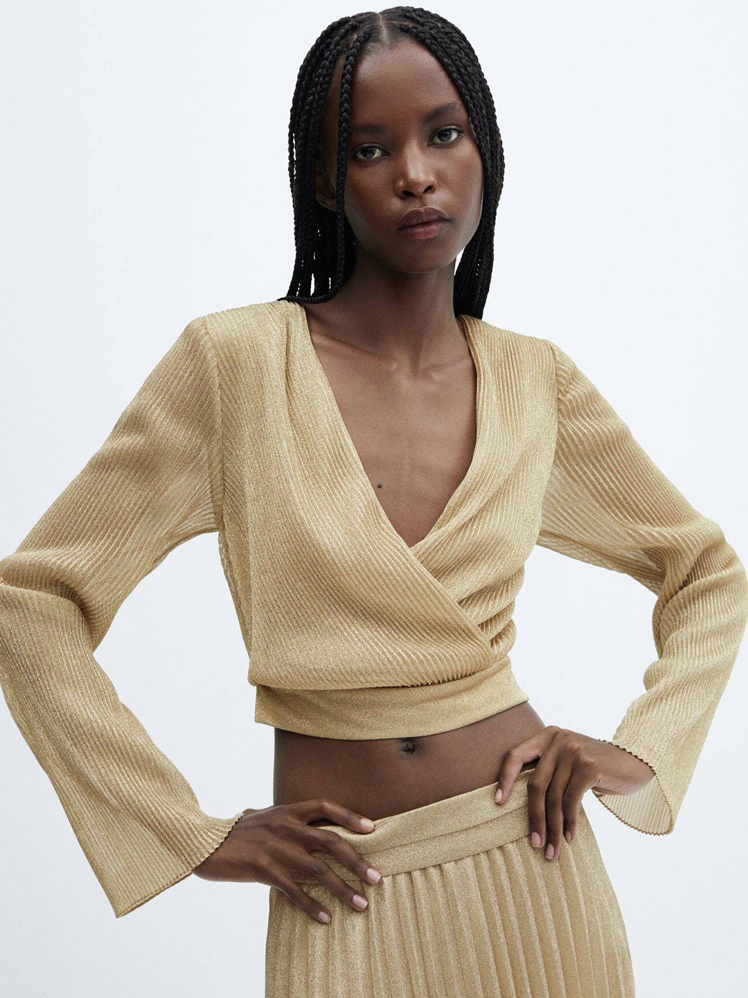 

MANGO Shimmery Flared Sleeve Wrap Crop Top, Gold