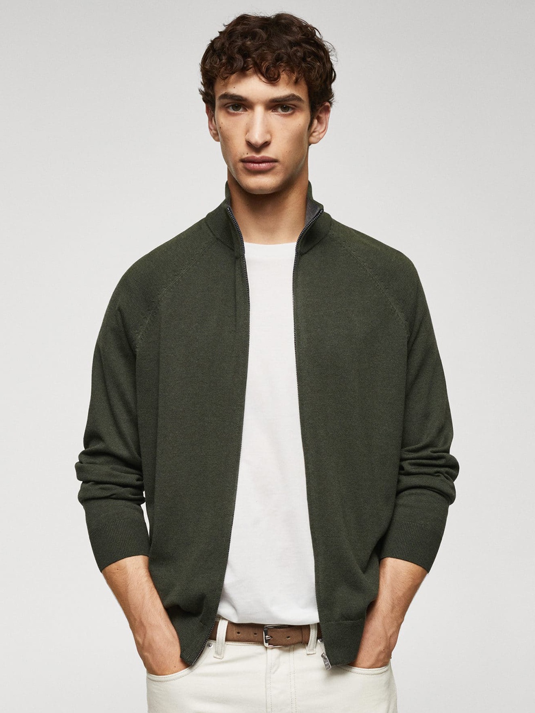

MANGO MAN Solid Cardigan, Olive