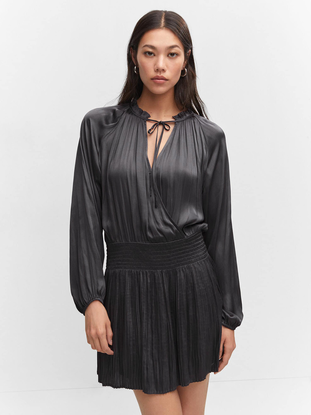 

MANGO Accordion Pleated Tie-Up Neck Puff Sleeve Satin Wrap Mini Dress, Charcoal