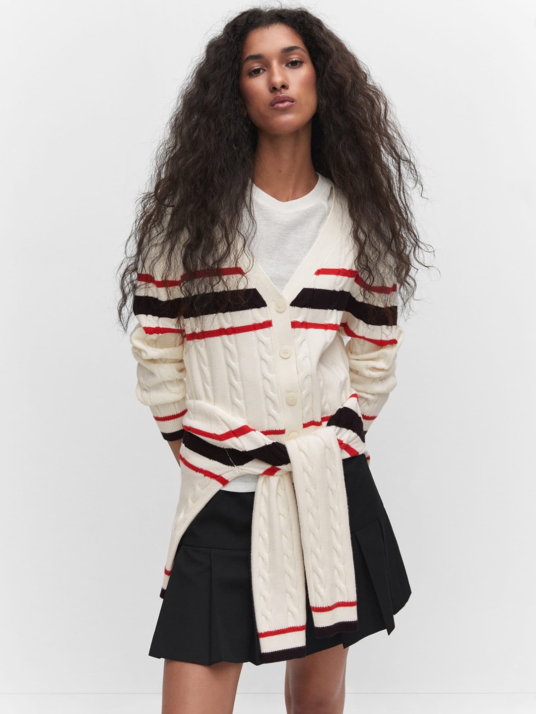 

MANGO Women Cable Knit Striped Cardigan, Off white