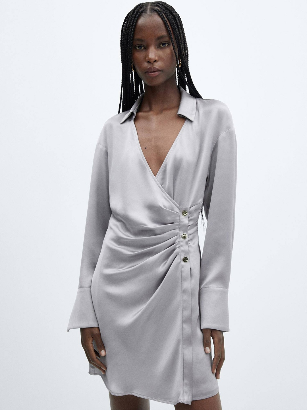 

MANGO Satin Finish Wrap Mini Dress, Grey