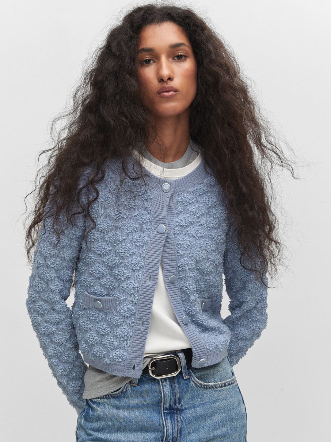 

MANGO Women Self Design Cardigan, Blue