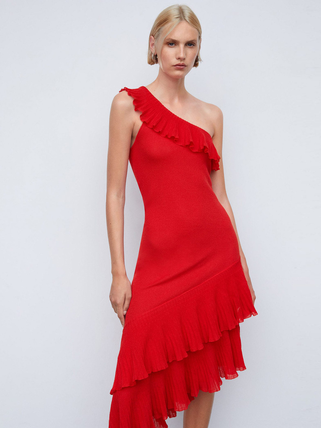 

MANGO One Shoulder Ruffled A-Line Dress, Red