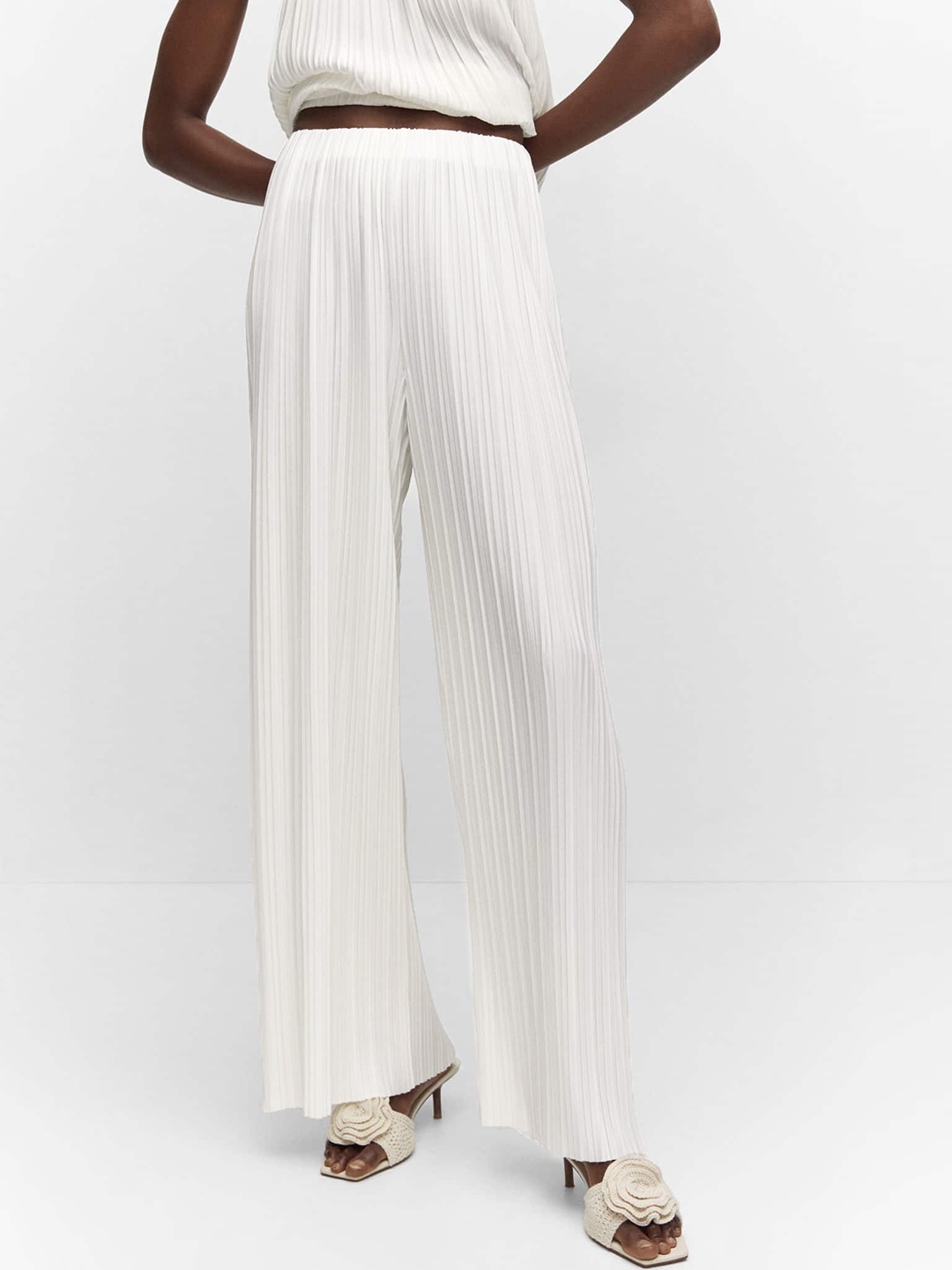 

MANGO Women Self-Striped Flared Trousers, White