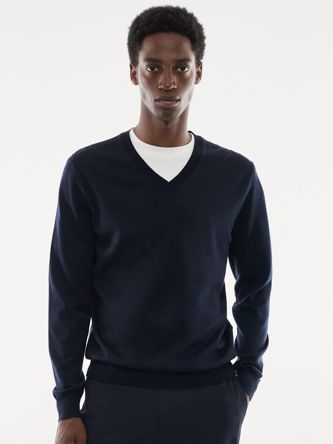 

MANGO MAN Flat Knit Woollen Pullover, Navy blue